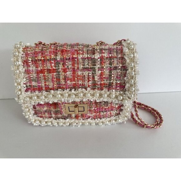 Women’s Chain‎ Pearl Pink Tweed Crossbody Bag Satchel Barbie Princess Coquette - Picture 10 of 13
